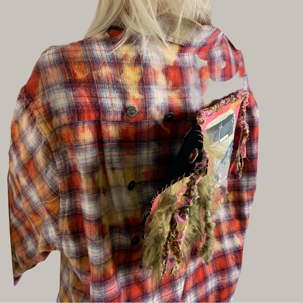 Upcycled Plaid Multicolor Boyfriend Shirt with Detachable Hip Bigfoot with Fur. - Picture 12 of 13